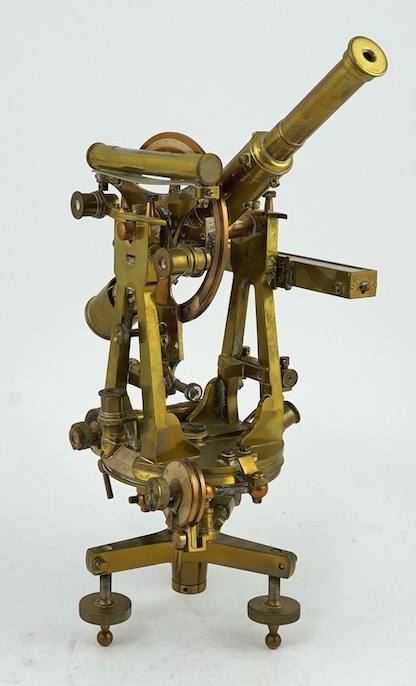 A late 19th century Casella & Co., London, brass theodolite, numbered 7906, engraved with ‘fitted with Reeves’s patent tangent micrometer’, 31cm high. Condition - fair to good